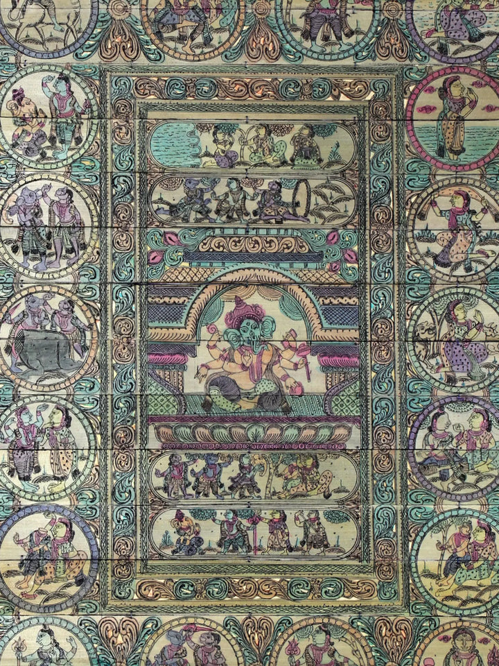 Six Armed Lord Ganesha at Center and His Life Story Pattachitra Painting on Cloth by Rabi Behera · view 3