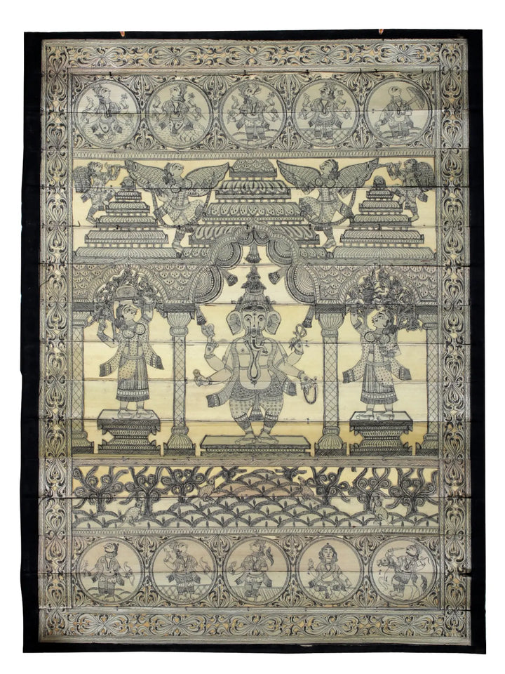 Standing Lord Ganesha and Ten Incarnations of Lord Vishnu (Dashavatara) Pattachitra Painting on Cloth by Rabi Behera · view 1