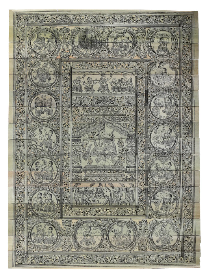 Radha-Krishna at Center with Krishna Leela Pattachitra Painting on Cloth by Rabi Behera · view 1