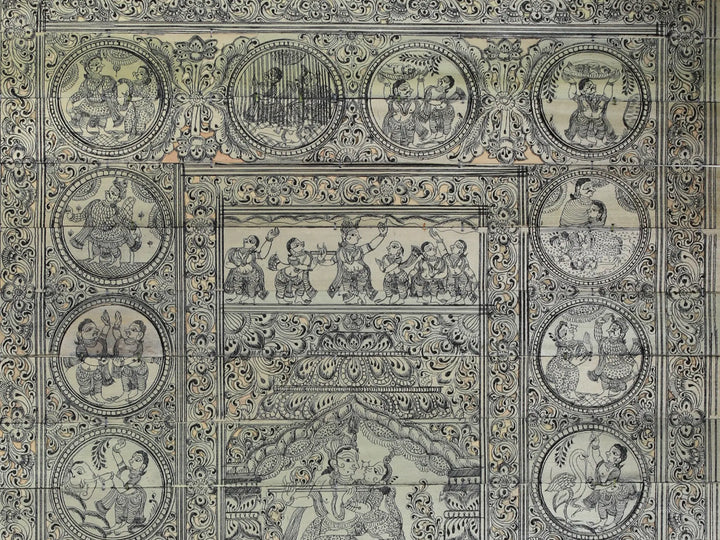 Radha-Krishna at Center with Krishna Leela Pattachitra Painting on Cloth by Rabi Behera · view 2