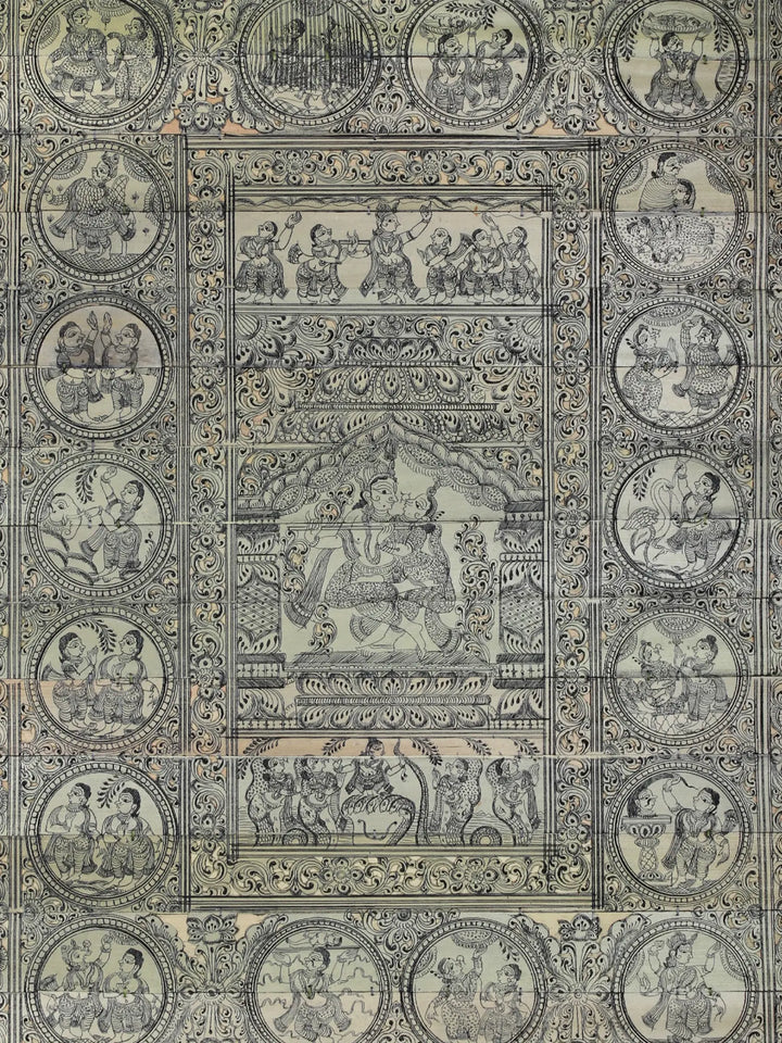 Radha-Krishna at Center with Krishna Leela Pattachitra Painting on Cloth by Rabi Behera · view 3