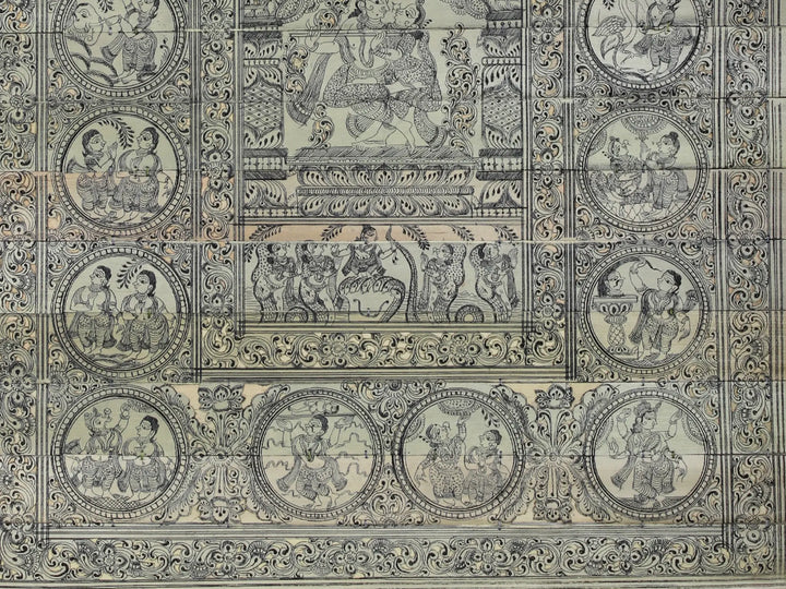 Radha-Krishna at Center with Krishna Leela Pattachitra Painting on Cloth by Rabi Behera · view 4
