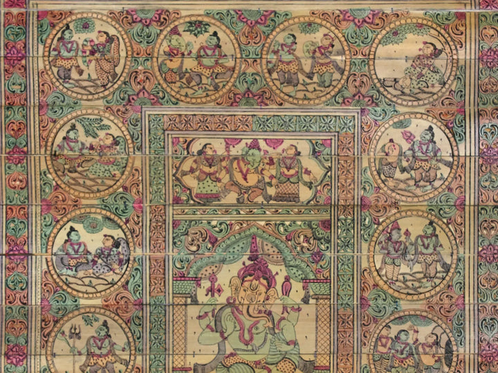 Sitting Lord Ganesha at Center and His Story Pattachitra Painting on Cloth by Rabi Behera · view 2