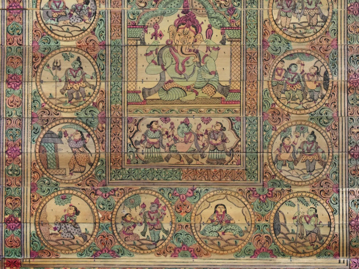 Sitting Lord Ganesha at Center and His Story Pattachitra Painting on Cloth by Rabi Behera · view 4
