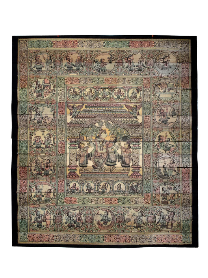 Mohan-Mohini (Radha Krishna) with Krishna Leela Pattachitra Painting on Cloth by Rabi Behera · view 1