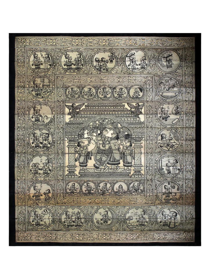 Radha Krishna at Center with Krishna Leela on Border Pattachitra Painting on Cloth by Rabi Behera · view 1
