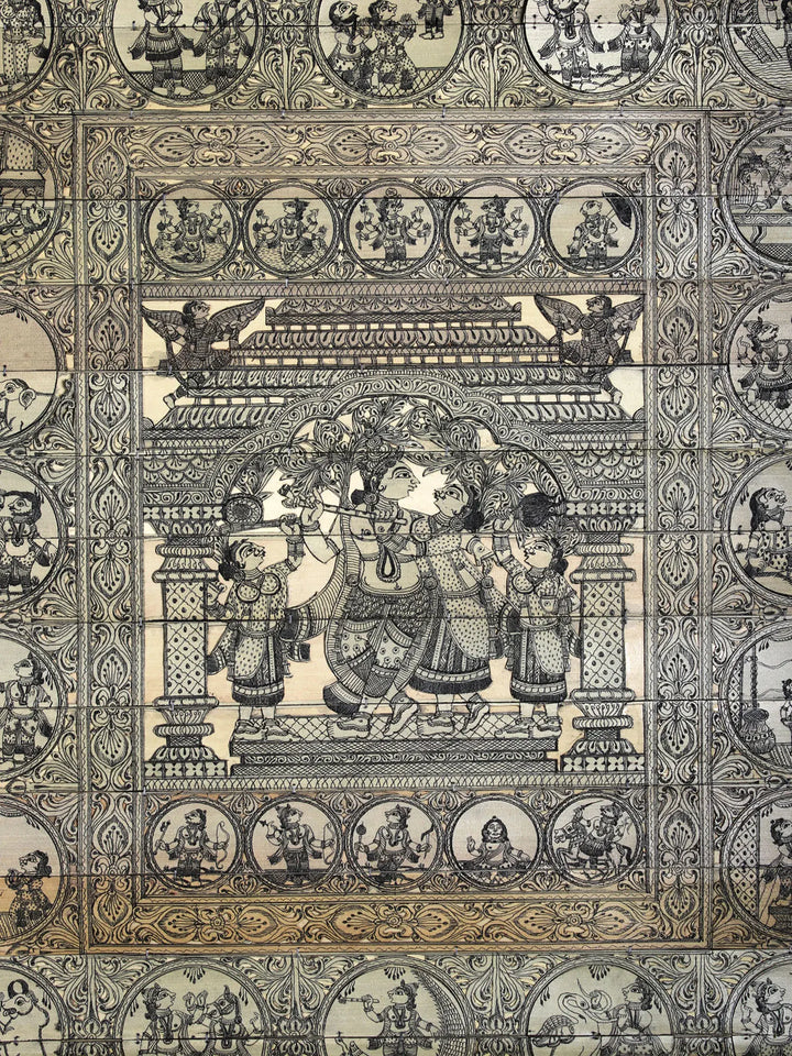 Radha Krishna at Center with Krishna Leela on Border Pattachitra Painting on Cloth by Rabi Behera · view 2