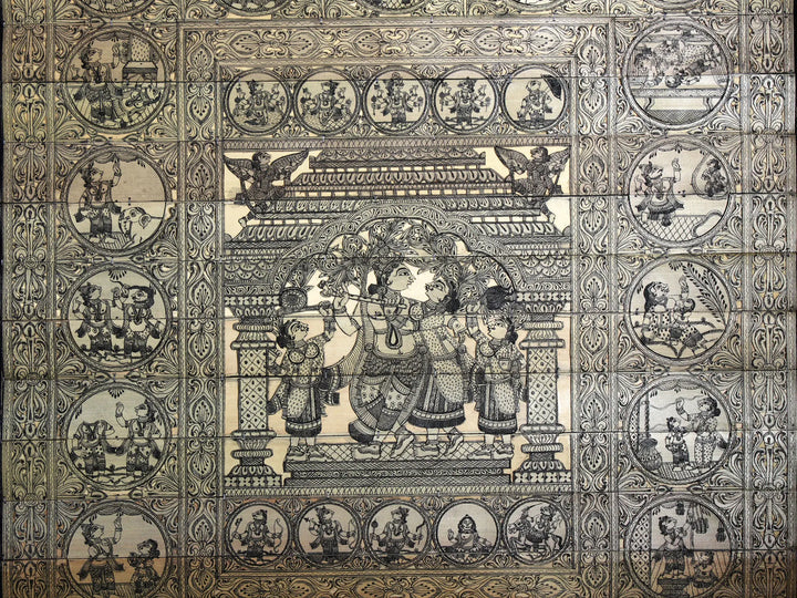 Radha Krishna at Center with Krishna Leela on Border Pattachitra Painting on Cloth by Rabi Behera · view 4