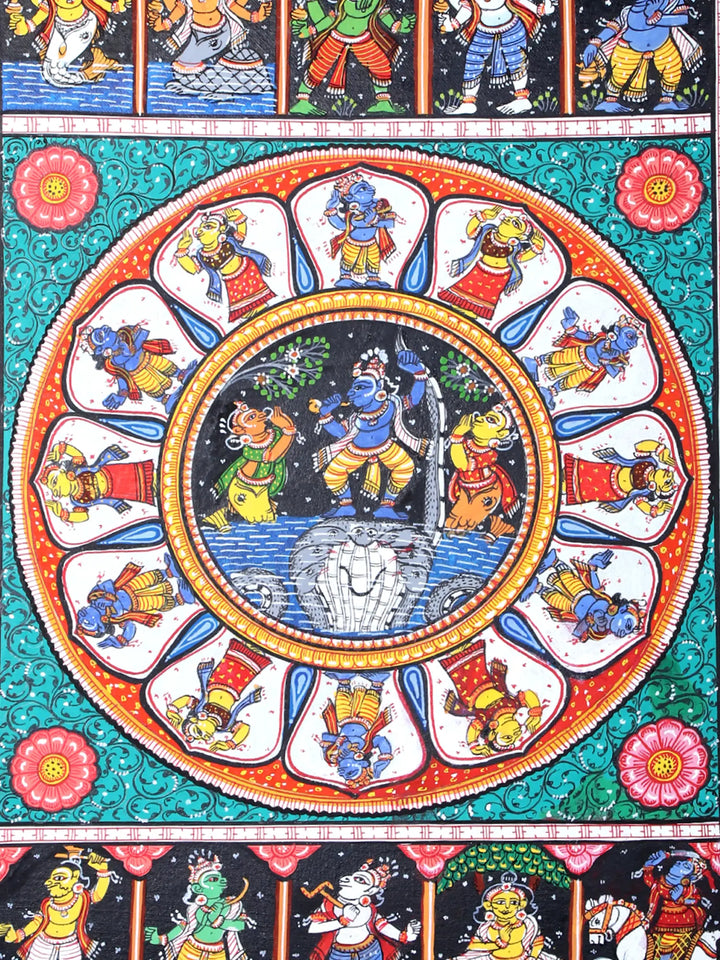 Lord Krishna Dancing on Serpent Kaliya Pattachitra Painting on Cloth by Rabi Behera · view 4