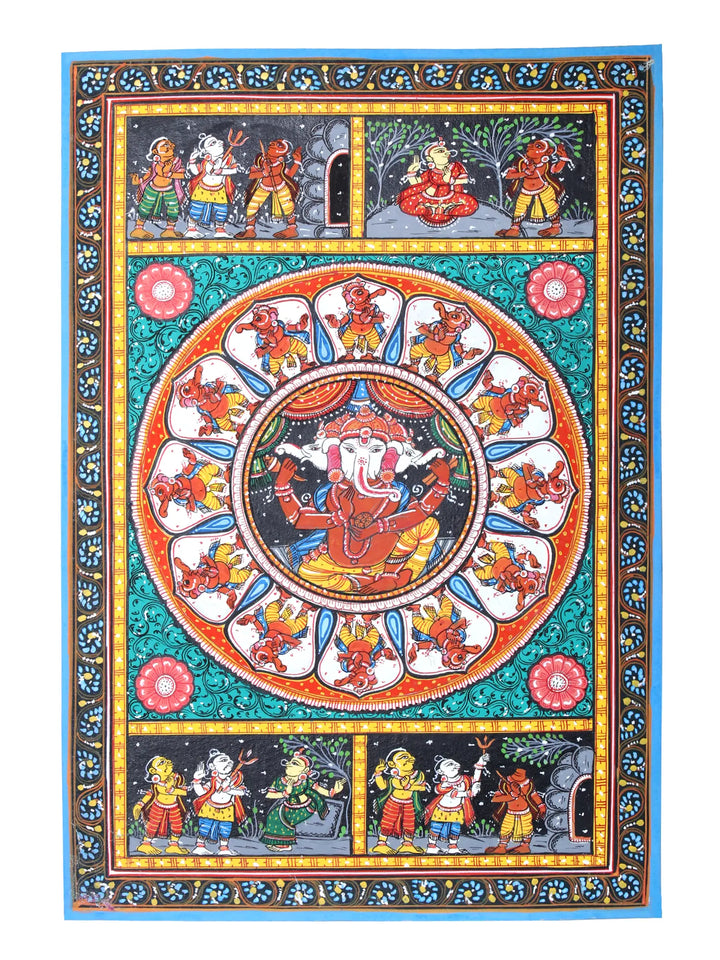 Lord Ganesha with His Story Pattachitra Painting on Cloth by Rabi Behera · view 1