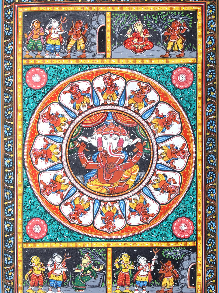 Lord Ganesha with His Story Pattachitra Painting on Cloth by Rabi Behera · view 2