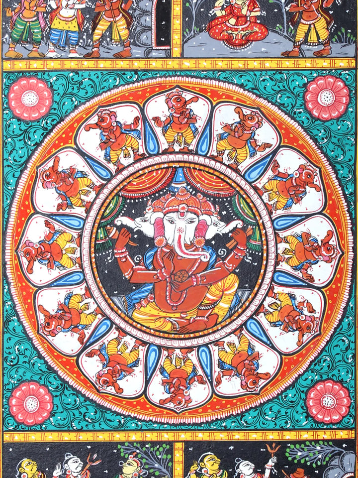 Lord Ganesha with His Story Pattachitra Painting on Cloth by Rabi Behera · view 4