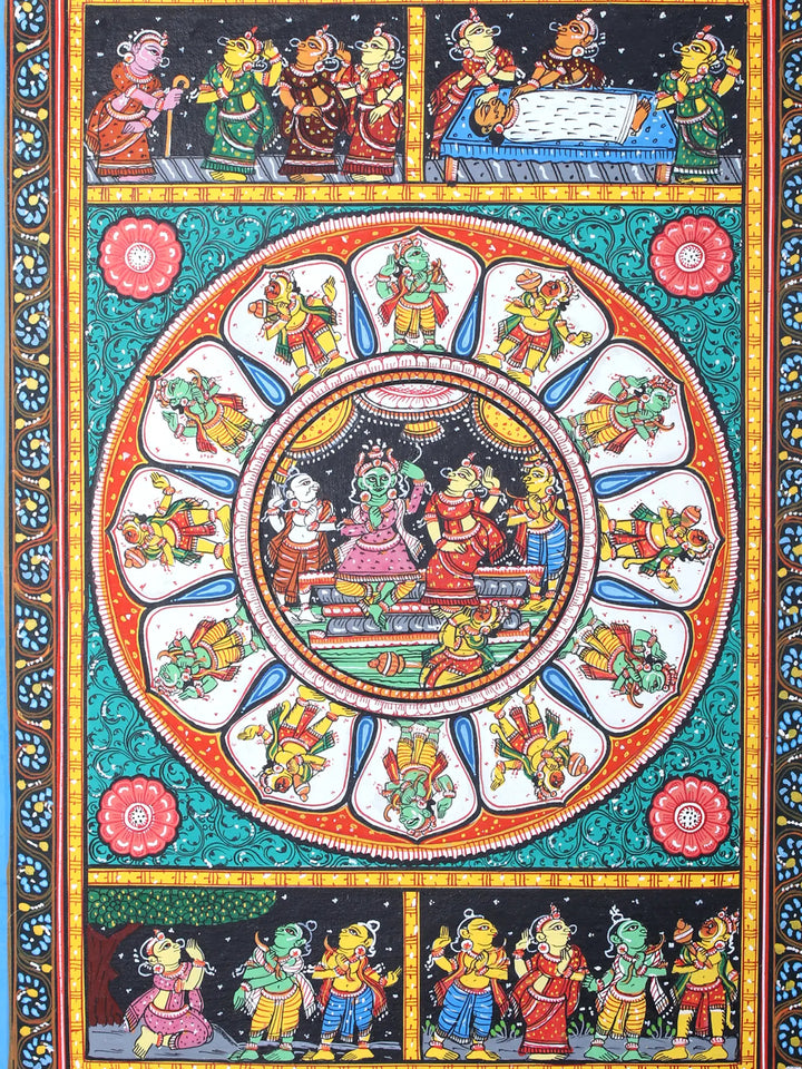 Ram Darbar with Ramayan Episodes Pattachitra Painting on Cloth by Rabi Behera · view 2