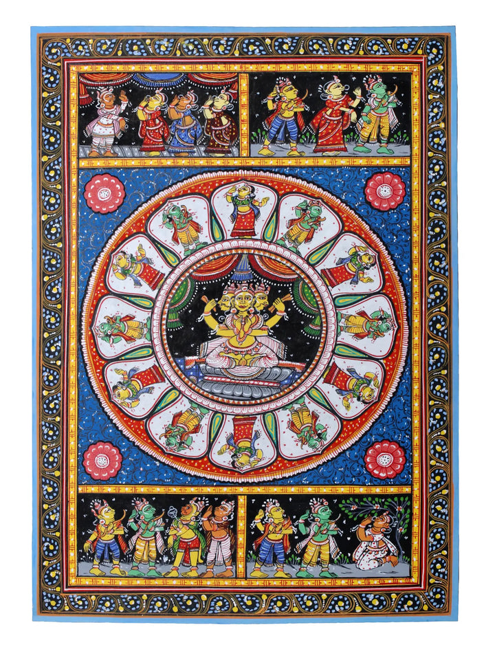 Lord Brahma Ji at Center and Episodes of Ramayan (Shri Ram's Story) Pattachitra Painting on Cloth by Rabi Behera · view 1