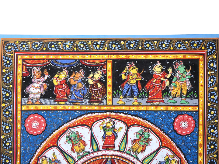 Lord Brahma Ji at Center and Episodes of Ramayan (Shri Ram's Story) Pattachitra Painting on Cloth by Rabi Behera · view 3