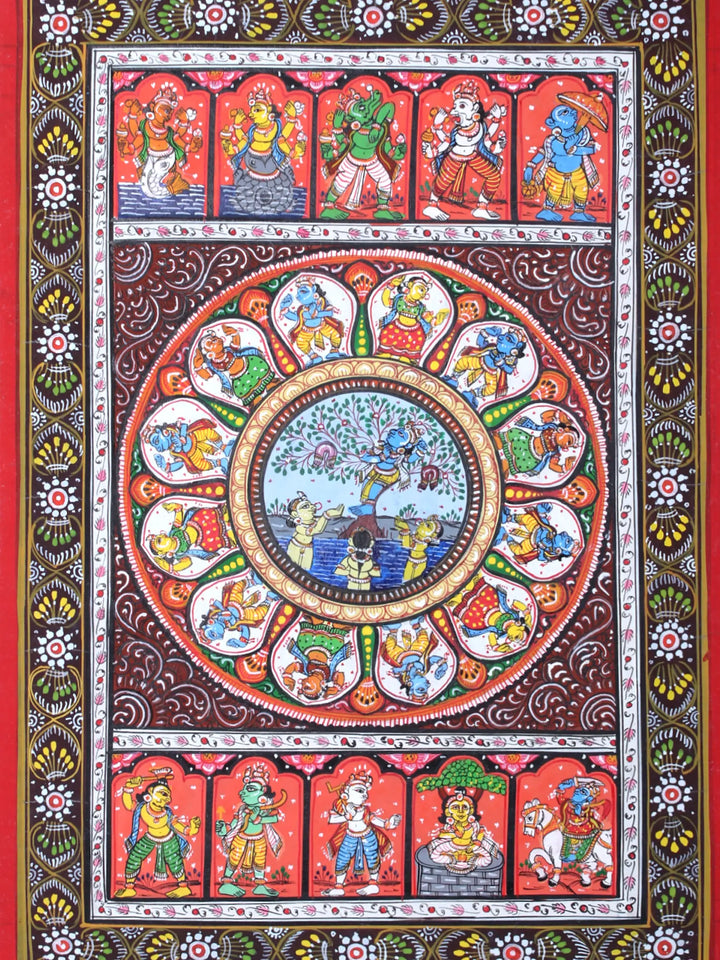 Lord Krishna Stealing the Clothes of Gopis with Dashavatara of Lord Vishnu Pattachitra Painting on Cloth by Rabi Behera · view 2
