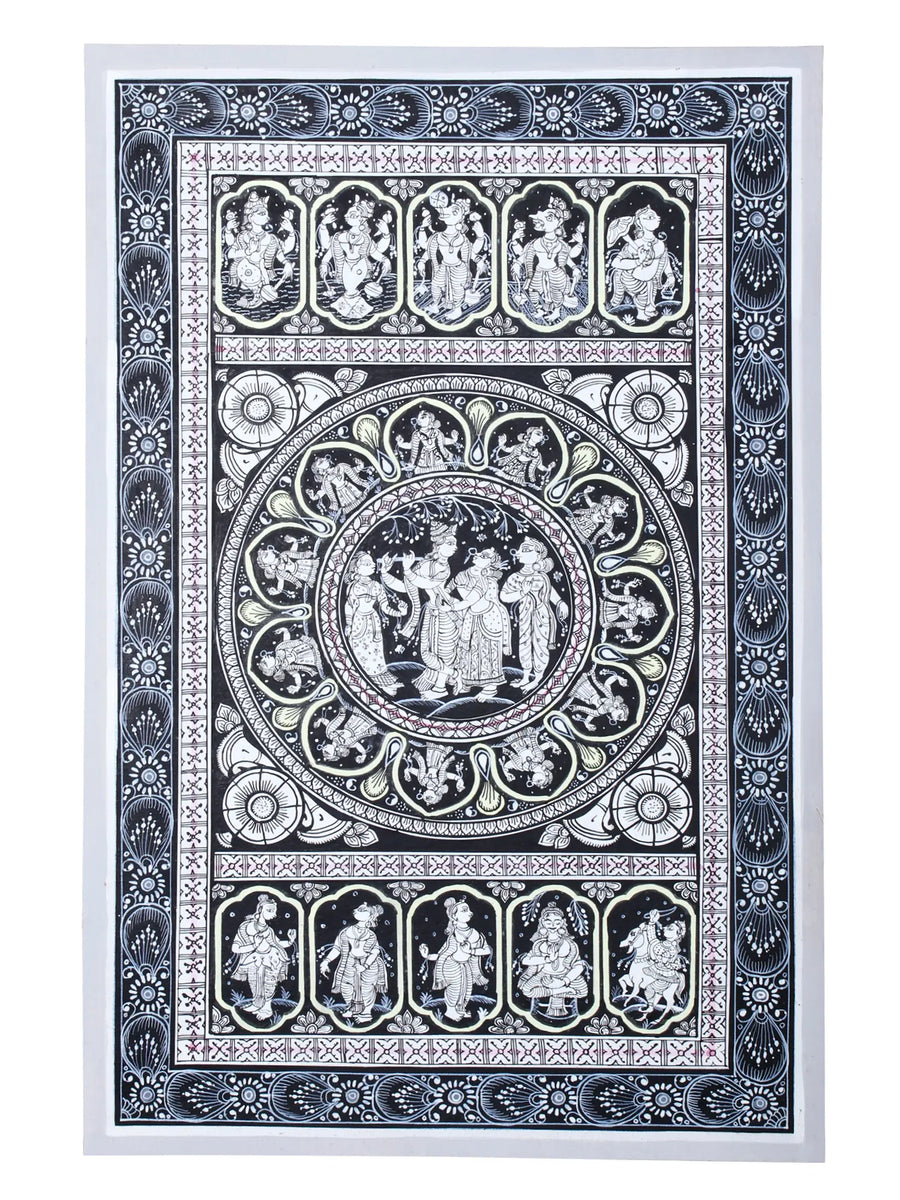 Murli Manohar and Radharani (Radha-Krishna) with Dashavatara of Lord Vishnu Pattachitra Painting on Cloth by Rabi Behera