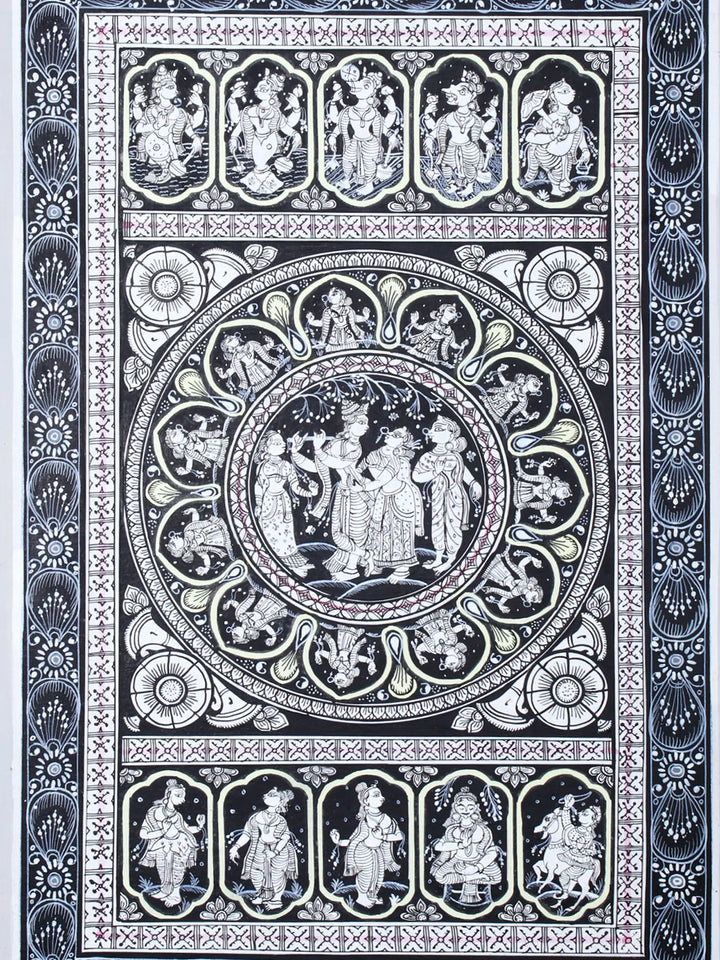 Murli Manohar and Radharani (Radha-Krishna) with Dashavatara of Lord Vishnu Pattachitra Painting on Cloth by Rabi Behera · view 2
