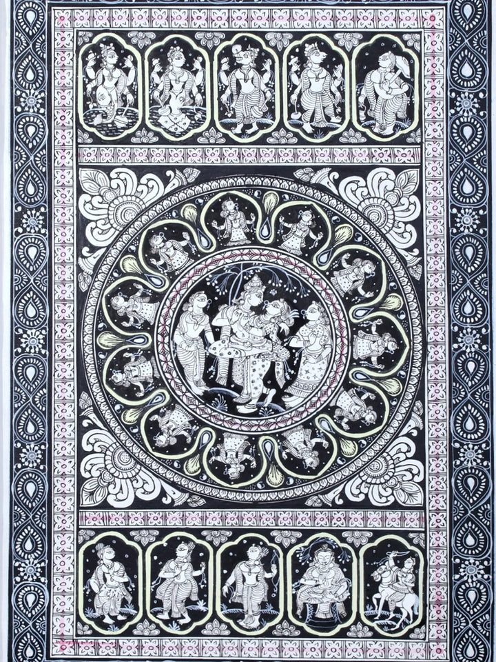 Radha-Krishna with Ten Incarnations of Lord Vishnu Pattachitra Painting on Cloth by Rabi Behera · view 2