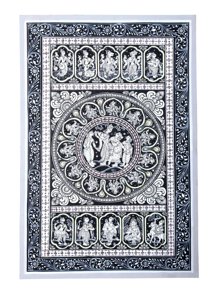 Radha-Krishna with Gopis and Ten Incarnations of Lord Vishnu Pattachitra Painting on Cloth by Rabi Behera · view 1