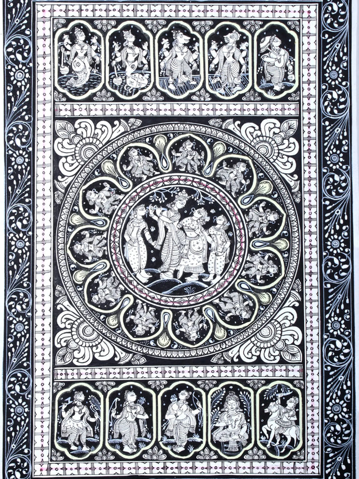 Radha-Krishna with Gopis and Ten Incarnations of Lord Vishnu Pattachitra Painting on Cloth by Rabi Behera · view 2
