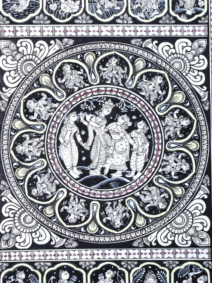 Radha-Krishna with Gopis and Ten Incarnations of Lord Vishnu Pattachitra Painting on Cloth by Rabi Behera · view 4