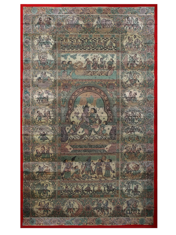 Radha-Krishna at Center with Episodes of Krishna's Life (Krishna Leela) Pattachitra Painting on Cloth by Rabi Behera · view 1