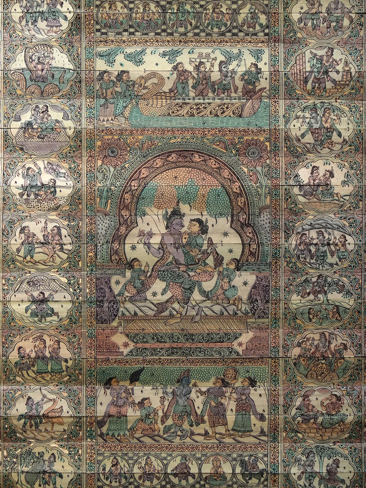 Radha-Krishna at Center with Episodes of Krishna's Life (Krishna Leela) Pattachitra Painting on Cloth by Rabi Behera · view 2