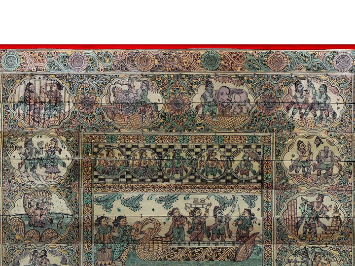 Radha-Krishna at Center with Episodes of Krishna's Life (Krishna Leela) Pattachitra Painting on Cloth by Rabi Behera · view 3