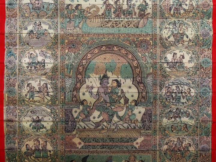 Radha-Krishna at Center with Episodes of Krishna's Life (Krishna Leela) Pattachitra Painting on Cloth by Rabi Behera · view 4