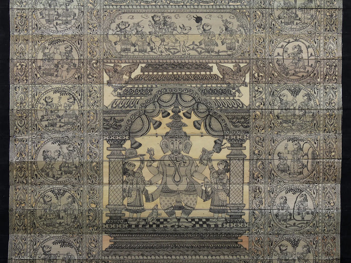 Standing Lord Ganesha at Center with Episodes of His Story Pattachitra Painting on Cloth by Rabi Behera · view 4
