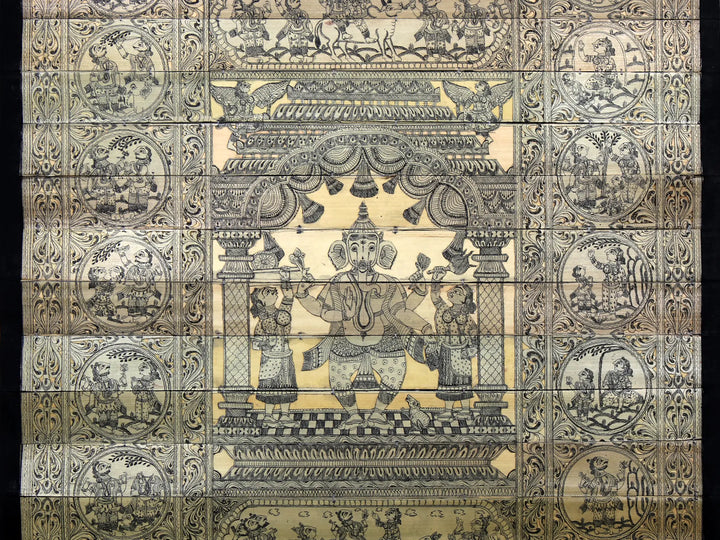 Standing Lord Ganesha with Episodes of His Life Story Pattachitra Painting on Cloth by Rabi Behera · view 4