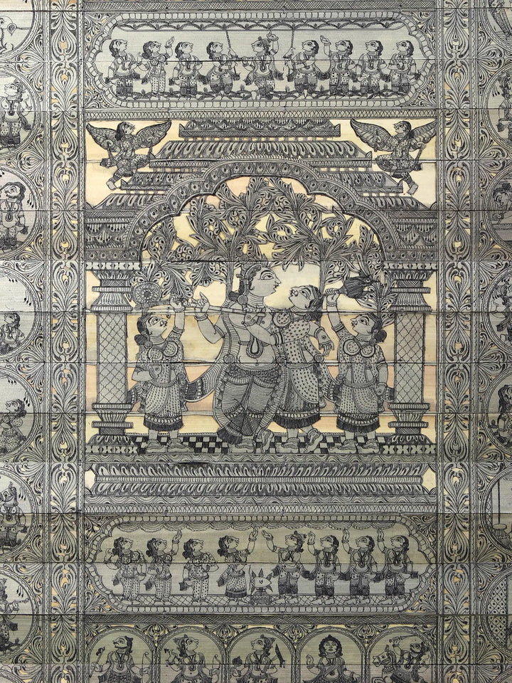 Radha-Krishna at Center with Episodes of Shri Krishna Leela Pattachitra Painting on Cloth by Rabi Behera · view 2