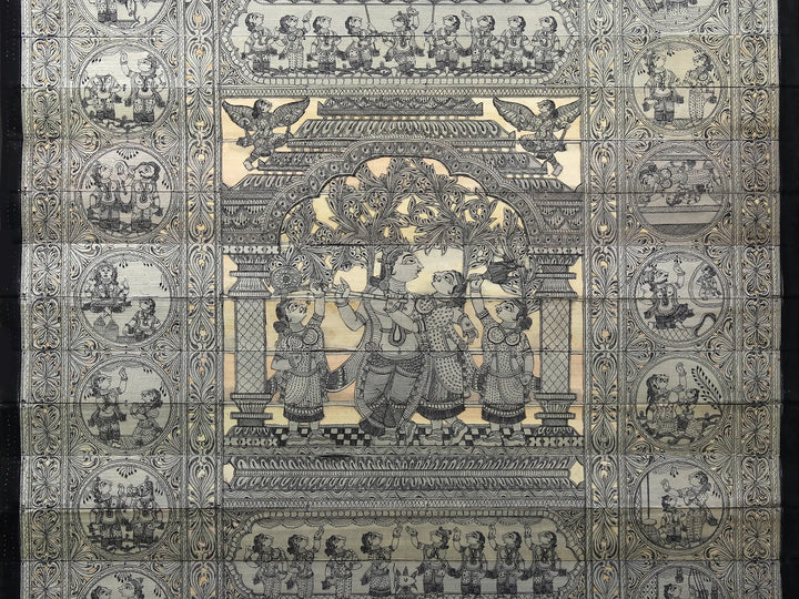 Radha-Krishna at Center with Episodes of Shri Krishna Leela Pattachitra Painting on Cloth by Rabi Behera · view 4