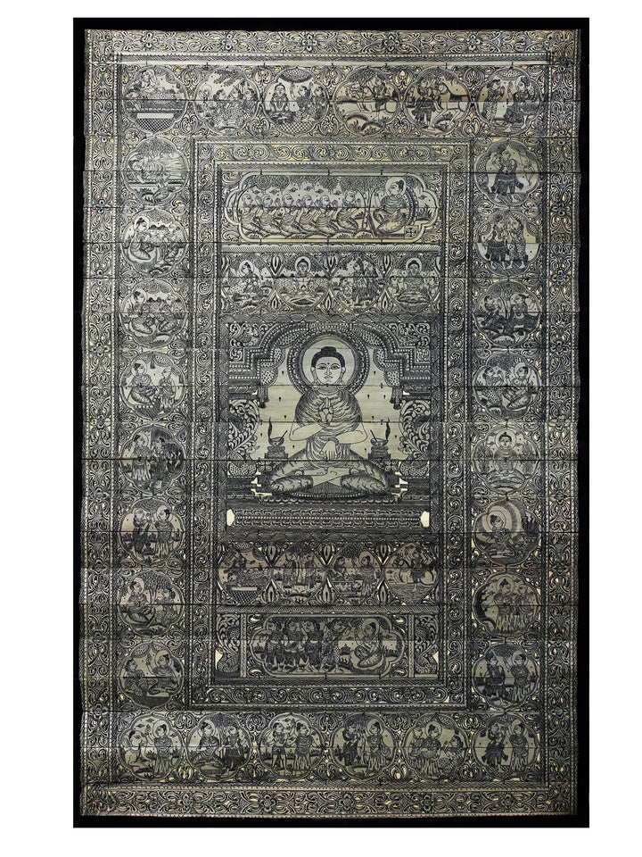 Sitting Gautam Buddha with His Life Story Pattachitra Painting on Cloth by Rabi Behera · view 1
