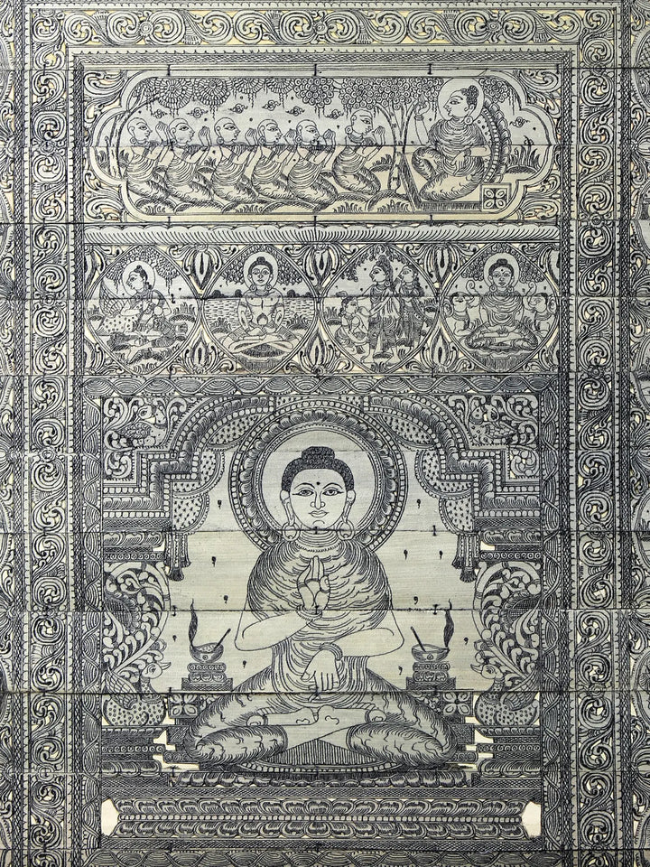 Sitting Gautam Buddha with His Life Story Pattachitra Painting on Cloth by Rabi Behera · view 2