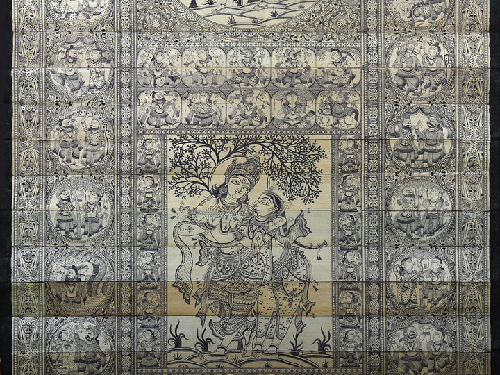 Murli Manohar and Radha with Episodes of Krishna Leela (The Story of Lord Krishna) Pattachitra Painting on Cloth by Rabi Behera · view 4