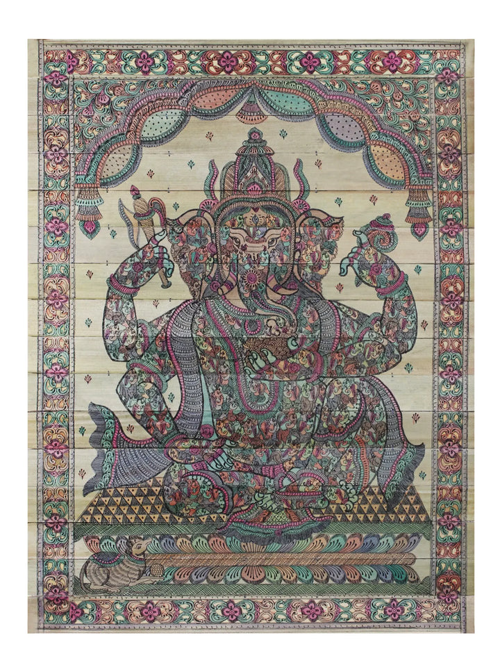 Sitting Chaturbhuja Ganesha Made of Small Ganeshas Pattachitra Painting on Cloth · view 1