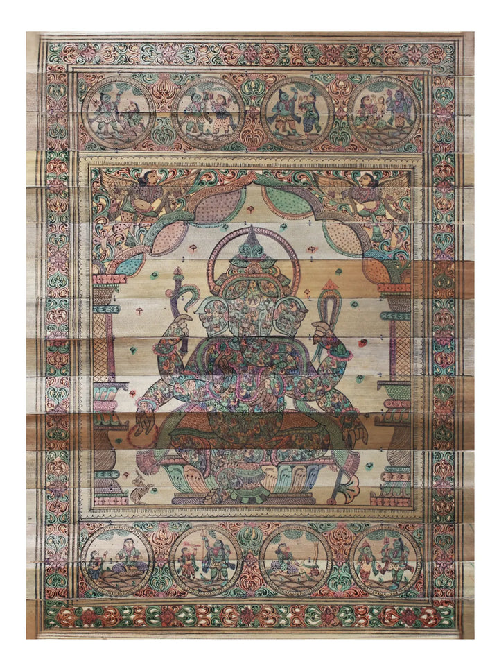 Sitting Six Hands Lord Ganesha with His Life Story Pattachitra Painting on Cloth · view 1