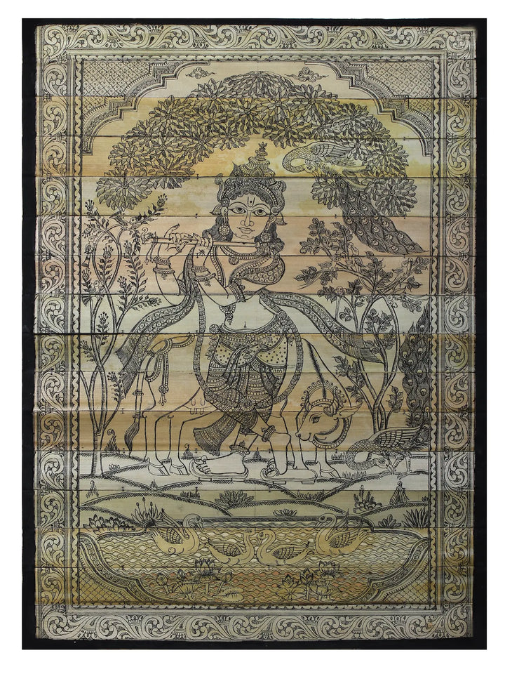 Standing Lord Krishna Playing Flute with Cow Pattachitra Painting on Cloth · view 1