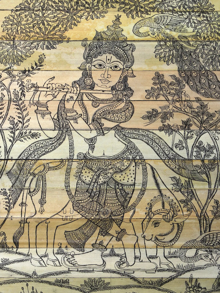 Standing Lord Krishna Playing Flute with Cow Pattachitra Painting on Cloth · view 2