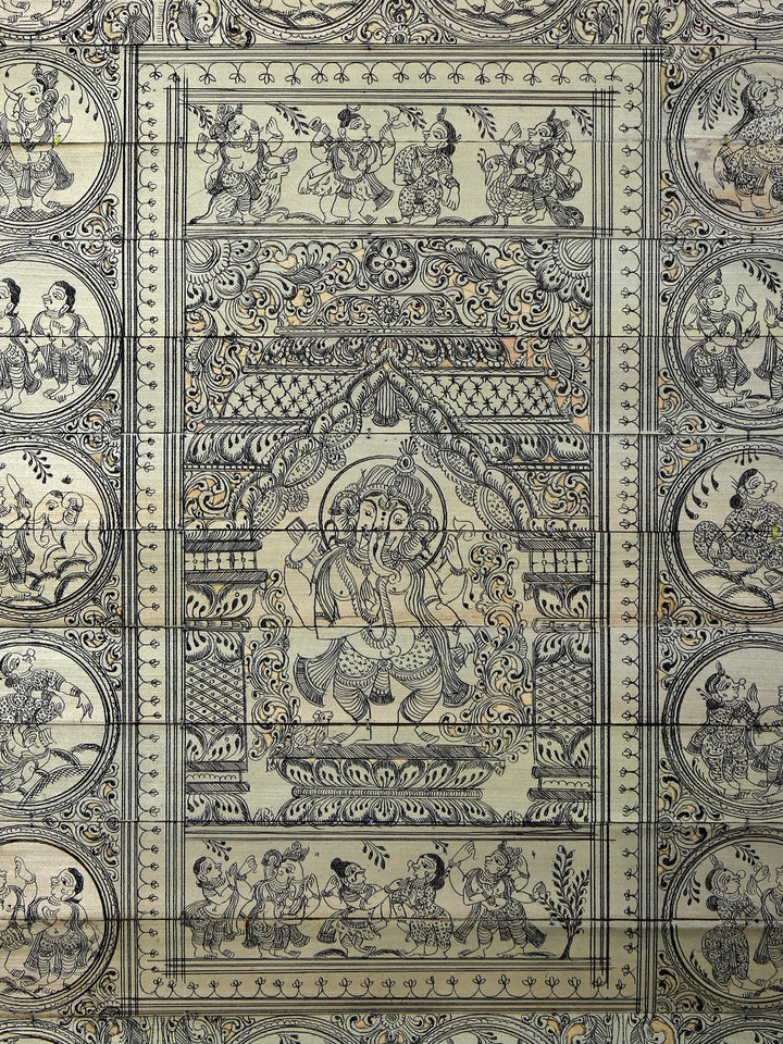 Standing Lord Ganesha at Center with Episodes of His Life Story Pattachitra Painting on Cloth · view 2