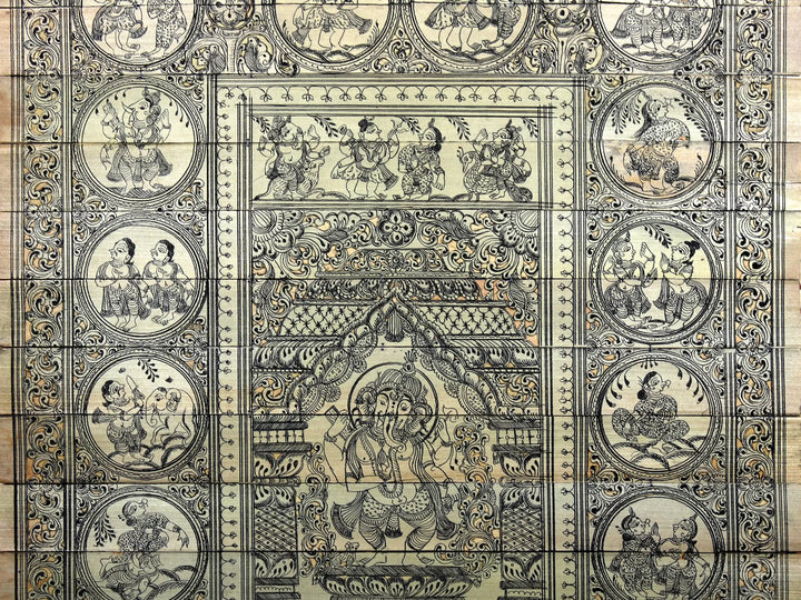 Standing Lord Ganesha at Center with Episodes of His Life Story Pattachitra Painting on Cloth · view 4