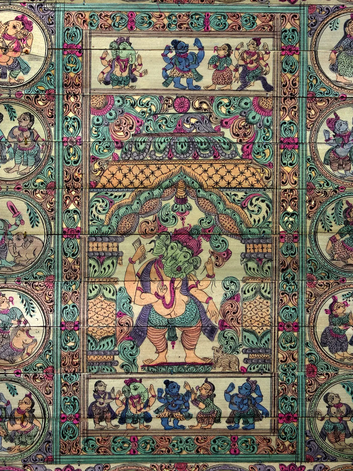 Standing Chaturbhuja Lord Ganesha with His Life Story Pattachitra Painting on Cloth by Rabi Behera · view 2