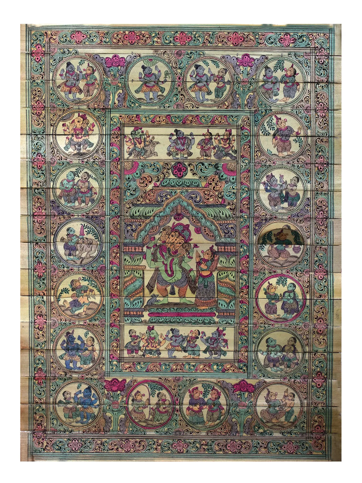 Four Hands Gajanana at Center with His Life Story Pattachitra Painting on Cloth by Rabi Behera · view 1