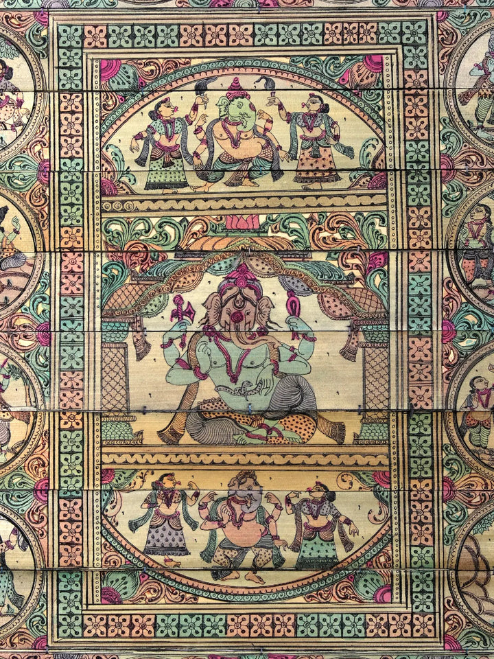 Sitting Lord Ganesha at Center with the Story of His Life Pattachitra Painting on Cloth by Rabi Behera · view 2