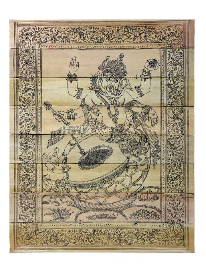 Chaturbhuja Lord Ganesha Seated on Drum Pattachitra Painting on Cloth by Rabi Behera · view 1