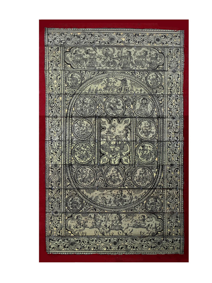 Radha-Krishna at Center with Episodes of Krishna Leela and Dashavatara of Lord Vishnu Pattachitra Painting on Cloth · view 1