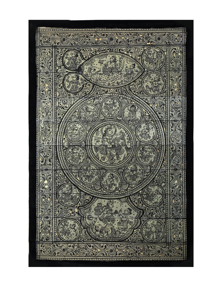 Kanhaiya and Radharani (Radha-Krishna) with Episodes of Krishna Leela Pattachitra Painting on Cloth · view 1