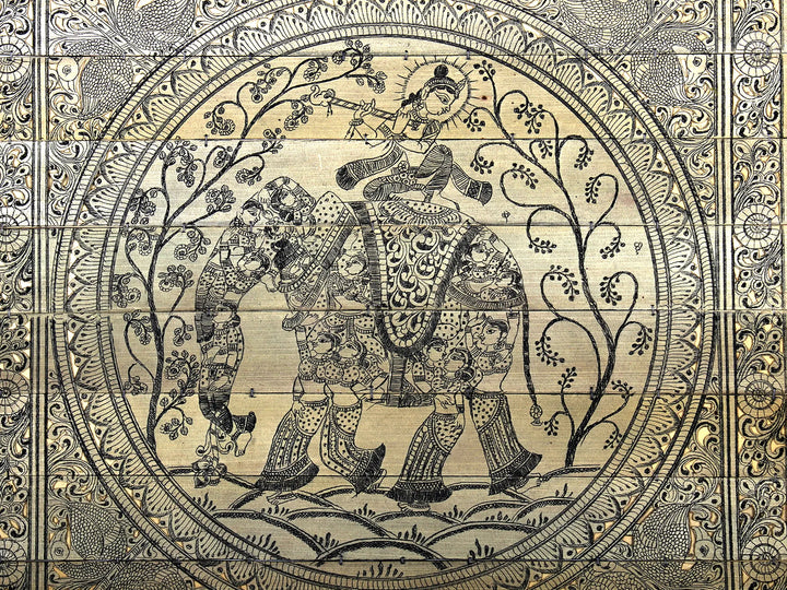 Lord Krishna Playing Flute on Pashu Kunjar Pattachitra Painting on Cloth · view 2